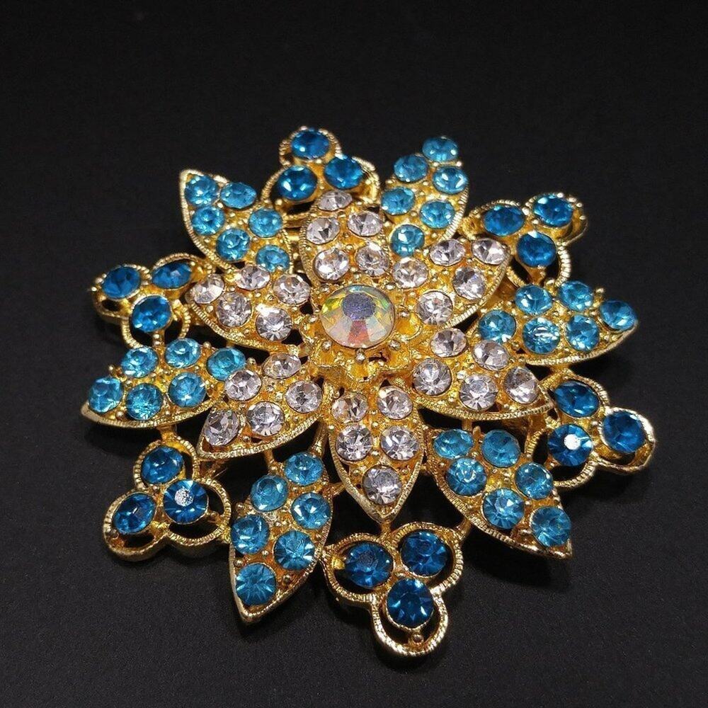 Gold Tone Flower Brooch Pendant Blue Clear Rhinestones Aurora Borealis Center